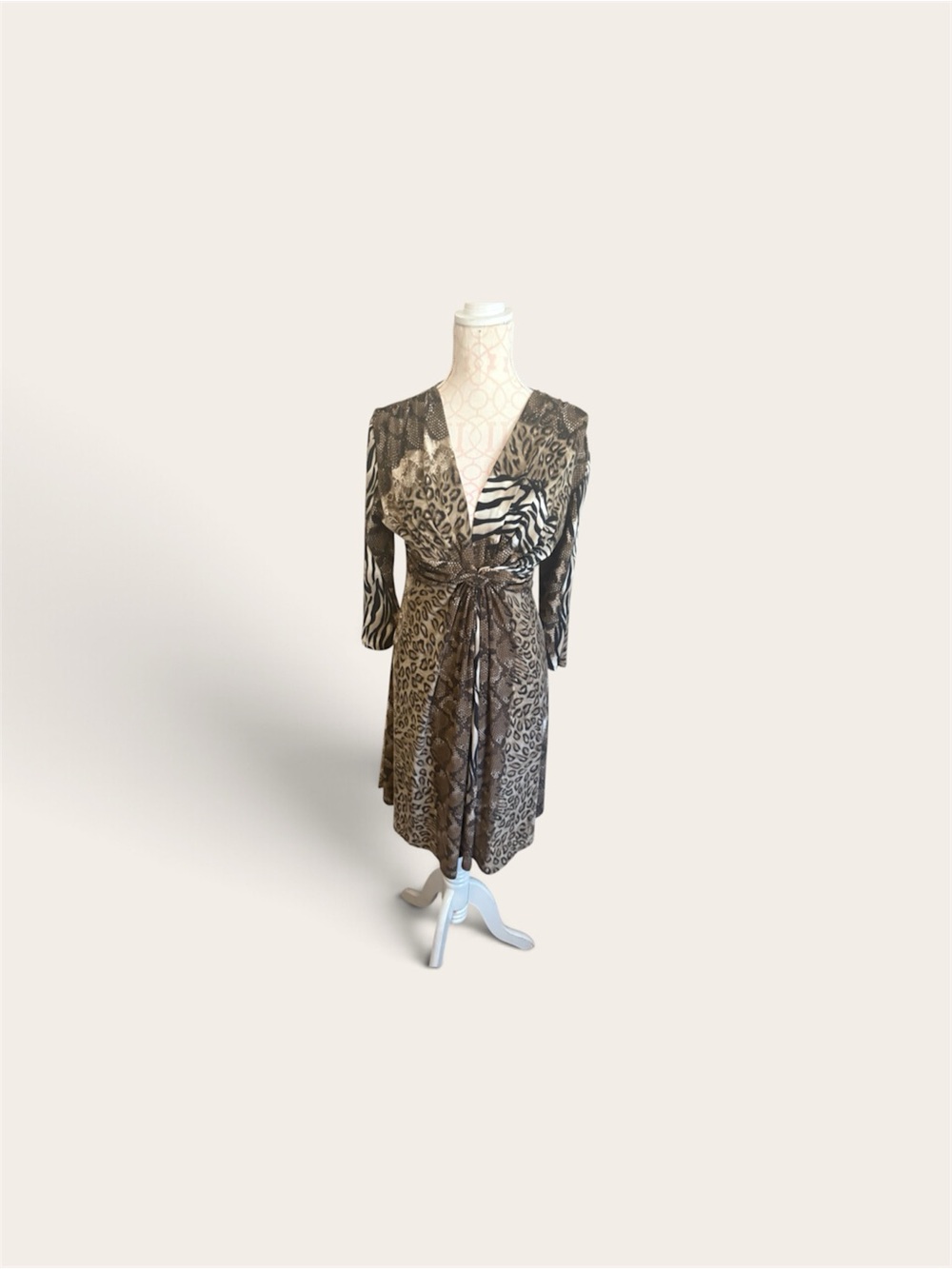 Mixed Animal-Print Long Sleeve Wrap Dress in Brown